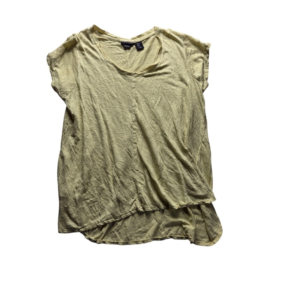 Tahari Shirt Womens Large Yellow V Neck Short Cap Sleeve Linen Jersey Top